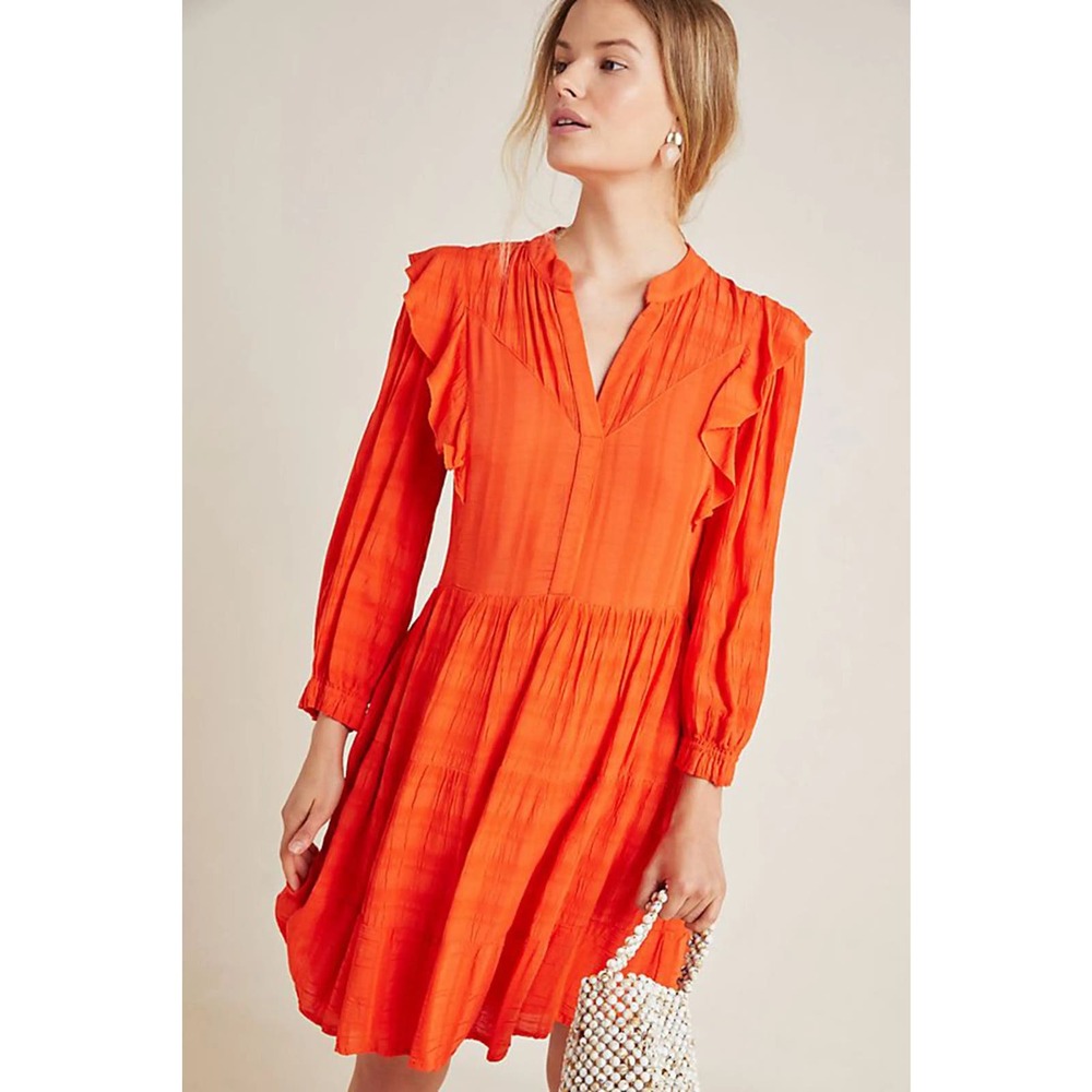 Anthropologie Amadi Rossi Dress Size Large Red‎ Orange Ruffles Gauzy Lightweight